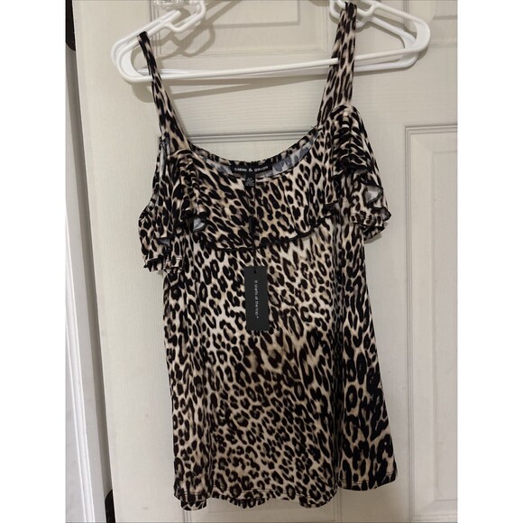 Cable & Gauge Leopard Print Tank Top Sleeveless Ruffle Accent Size Small - Picture 1 of 6